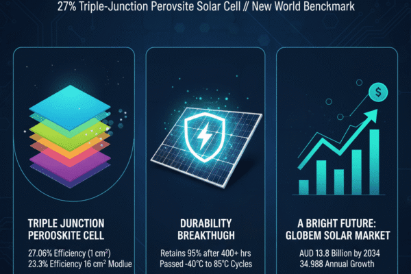 Image of University of Sydney researchers holding a small, high-efficiency perovskite solar cell with three layered semiconductors, showcasing a breakthrough in solar technology.