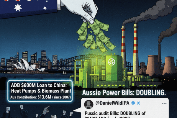 A hand with an Australian flag sleeve gives money to a green energy plant, with a polluted background.