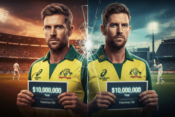 Image of Australian cricket stars Pat Cummins and Travis Head in action, with text overlay: "Reject $10M Offers to Stay Loyal to Australia."