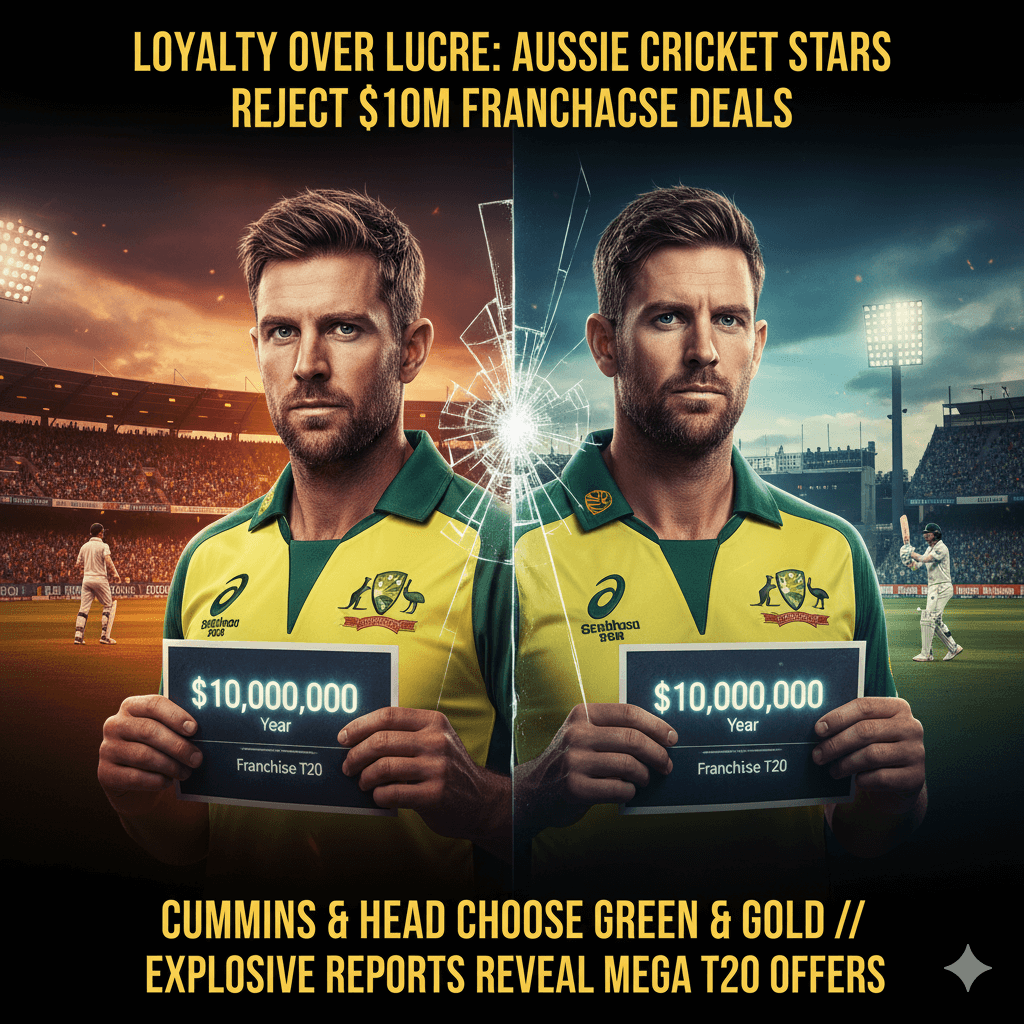 Image of Australian cricket stars Pat Cummins and Travis Head in action, with text overlay: "Reject $10M Offers to Stay Loyal to Australia."