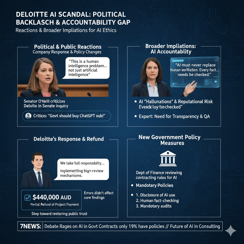 A four-panel infographic details the Deloitte AI scandal, showing Senator O'Neill, an AI expert, Deloitte's refund of $440,000, and new government policies.