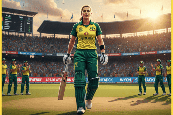 Ellyse Perry, in her Australian cricket uniform, walks onto a sunlit cricket pitch with her bat, as teammates clap in the background and a scoreboard displays game stats.