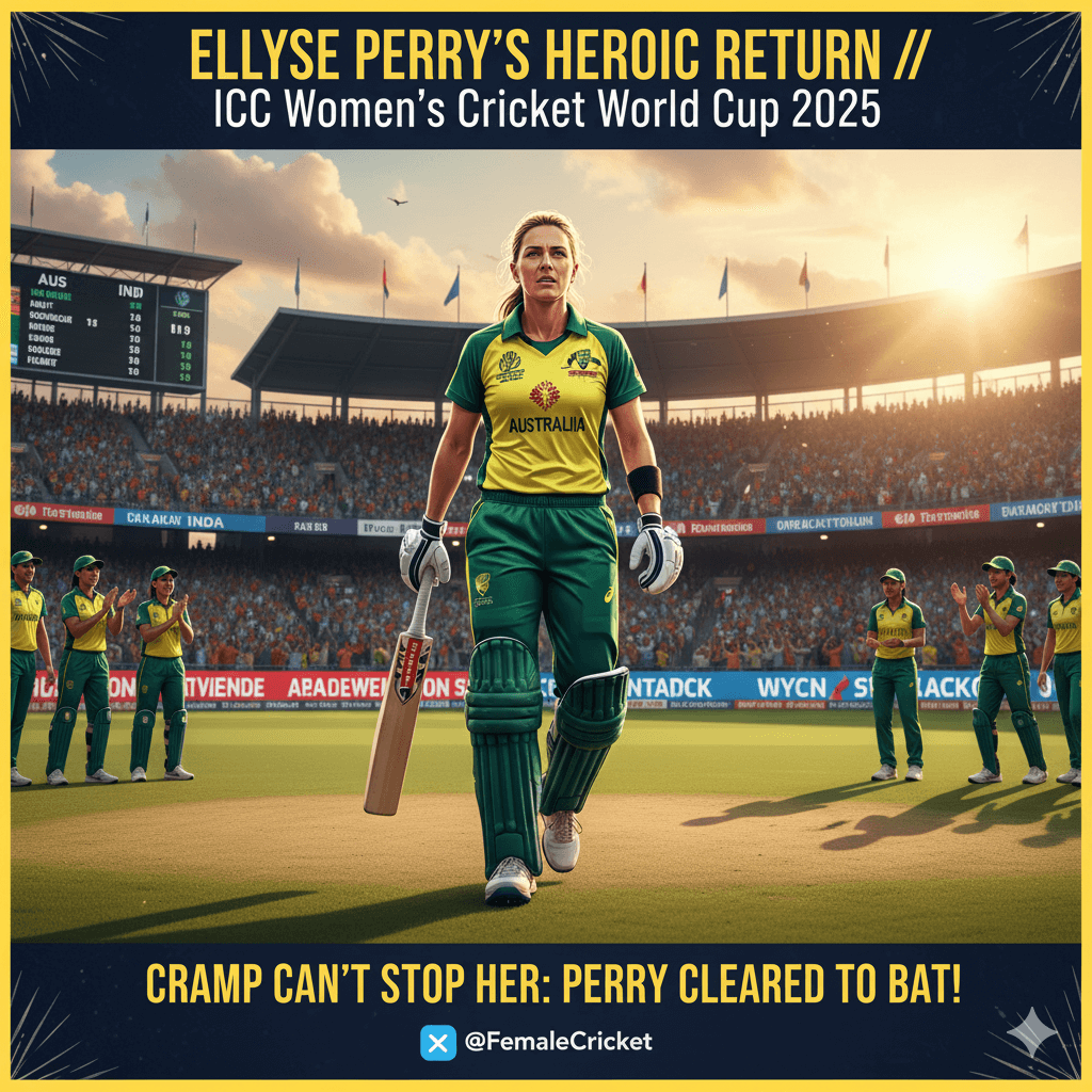 Ellyse Perry, in her Australian cricket uniform, walks onto a sunlit cricket pitch with her bat, as teammates clap in the background and a scoreboard displays game stats.