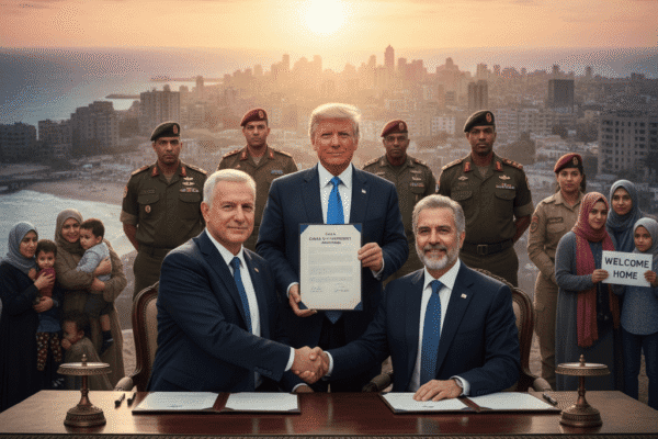 News anchors in a studio with "WAR IS OVER" on screen, celebrating crowds, and scenes of Gaza ceasefire signing and celebrations.