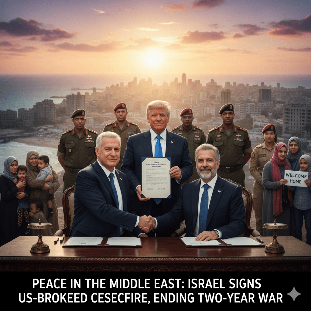 News anchors in a studio with "WAR IS OVER" on screen, celebrating crowds, and scenes of Gaza ceasefire signing and celebrations.