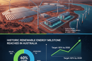 An aerial view of a vast solar and wind farm with a coastal backdrop. Below, a pie chart shows 40% clean energy and a rising graph.