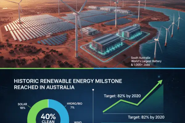 An aerial view of a vast solar and wind farm with a coastal backdrop. Below, a pie chart shows 40% clean energy and a rising graph.