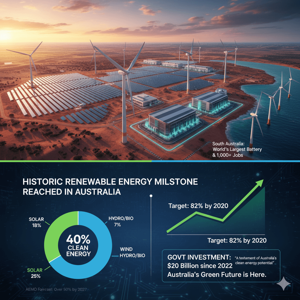 An aerial view of a vast solar and wind farm with a coastal backdrop. Below, a pie chart shows 40% clean energy and a rising graph.