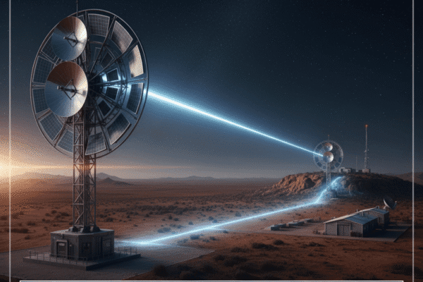 Two futuristic towers beam a bright blue laser across a vast desert landscape under a starry sky, with the text "Aussie Eyes Turn To Laser-Powered Electricity Breakthrough."