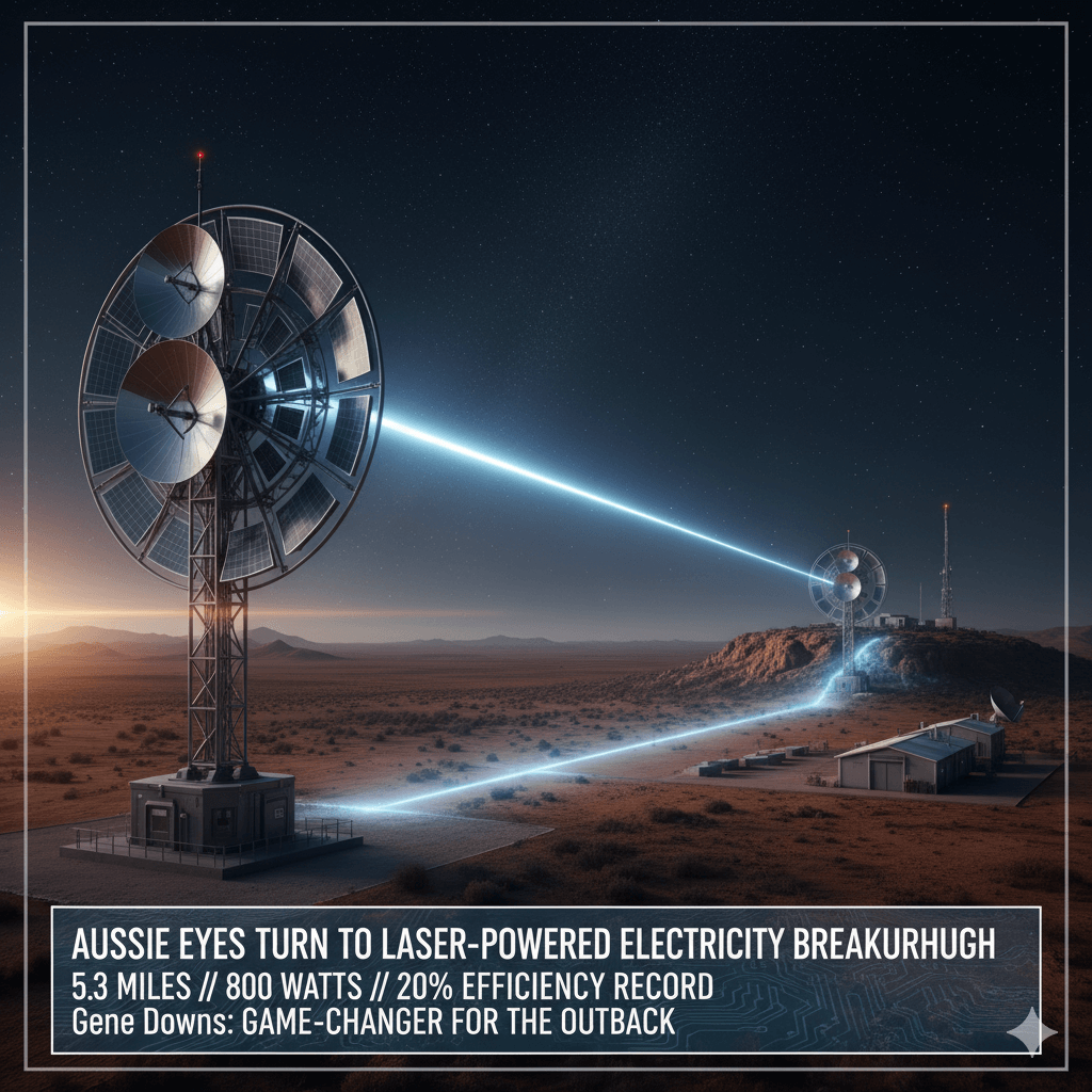 Two futuristic towers beam a bright blue laser across a vast desert landscape under a starry sky, with the text "Aussie Eyes Turn To Laser-Powered Electricity Breakthrough."