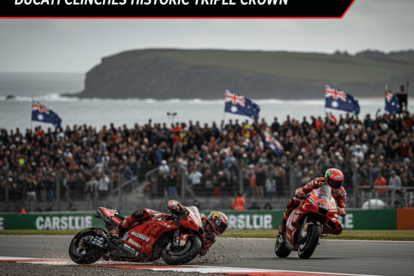 Francesco Bagnaia's Ducati crashes at Phillip Island, with another Ducati bike racing past and crowds with Australian flags in the background.