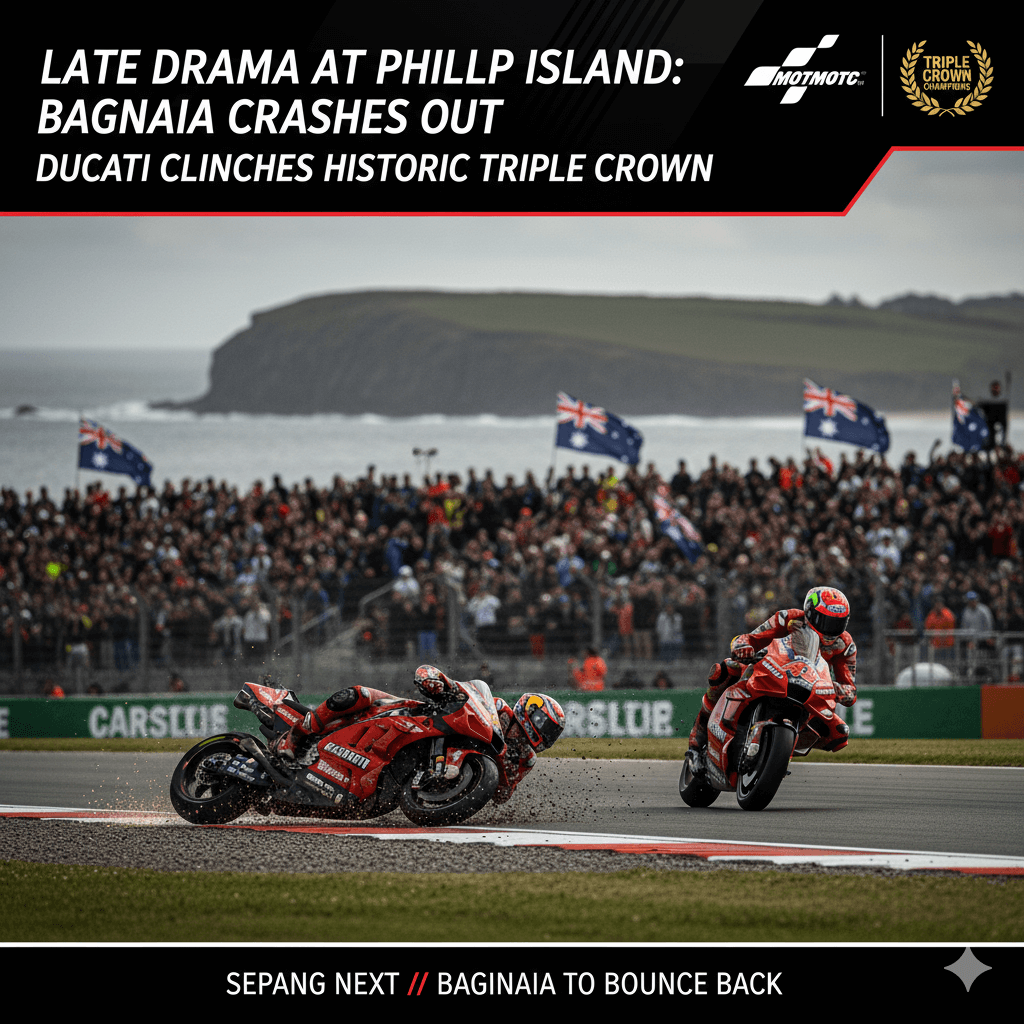 Francesco Bagnaia's Ducati crashes at Phillip Island, with another Ducati bike racing past and crowds with Australian flags in the background.