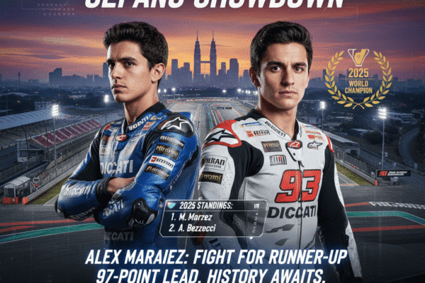 Marc and Alex Marquez, in racing gear, stand on a racetrack overlooking a cityscape, with championship standings and a "2025 World Champion" badge.