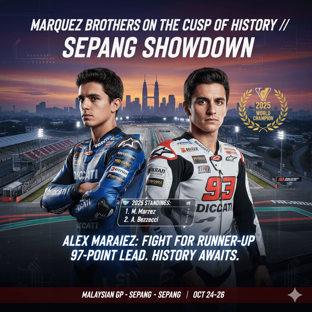 Marc and Alex Marquez, in racing gear, stand on a racetrack overlooking a cityscape, with championship standings and a "2025 World Champion" badge.