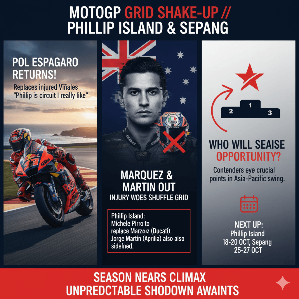 Three panels: Pol Espargaro on a KTM bike, a striking image of Marc Marquez with a red 'X' over his helmet and an Australian flag backdrop, and a podium graphic.
