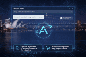 A glowing "A" logo floats above a translucent ChatGPT Atlas browser interface, superimposed over a futuristic Sydney skyline at night, showcasing AI features and e-commerce integrations.
