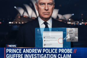 Prince Andrew stands in front of the Sydney Opera House at night, with a translucent screen overlay showing a police investigation graphic and his image.