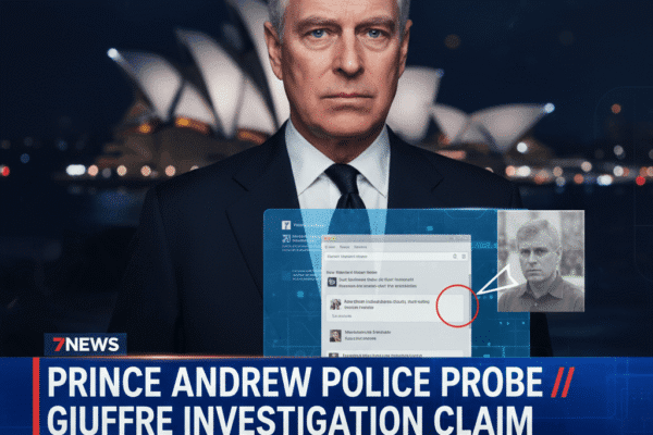 Prince Andrew stands in front of the Sydney Opera House at night, with a translucent screen overlay showing a police investigation graphic and his image.