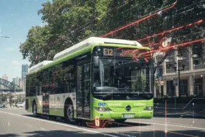 Electric bus with cybersecurity network overlay.