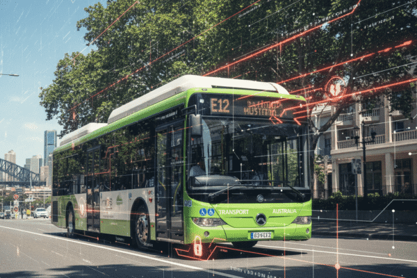 Electric bus with cybersecurity network overlay.