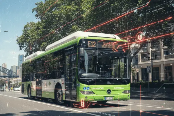 Electric bus with cybersecurity network overlay.
