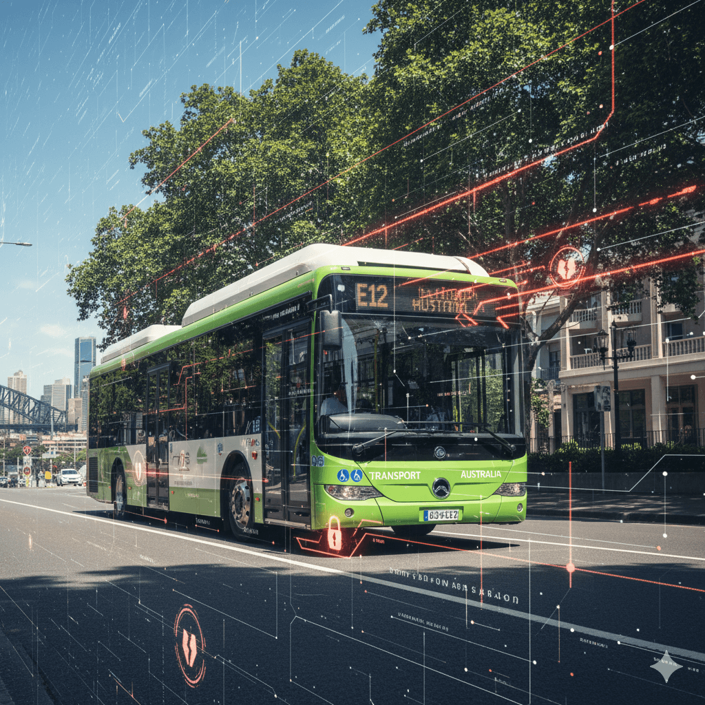 Electric bus with cybersecurity network overlay.