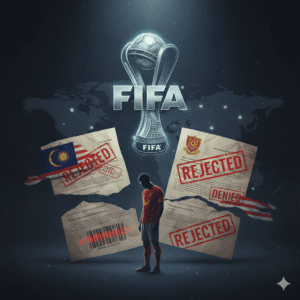 FIFA trophy, rejected Malaysian documents, and dejected player.
